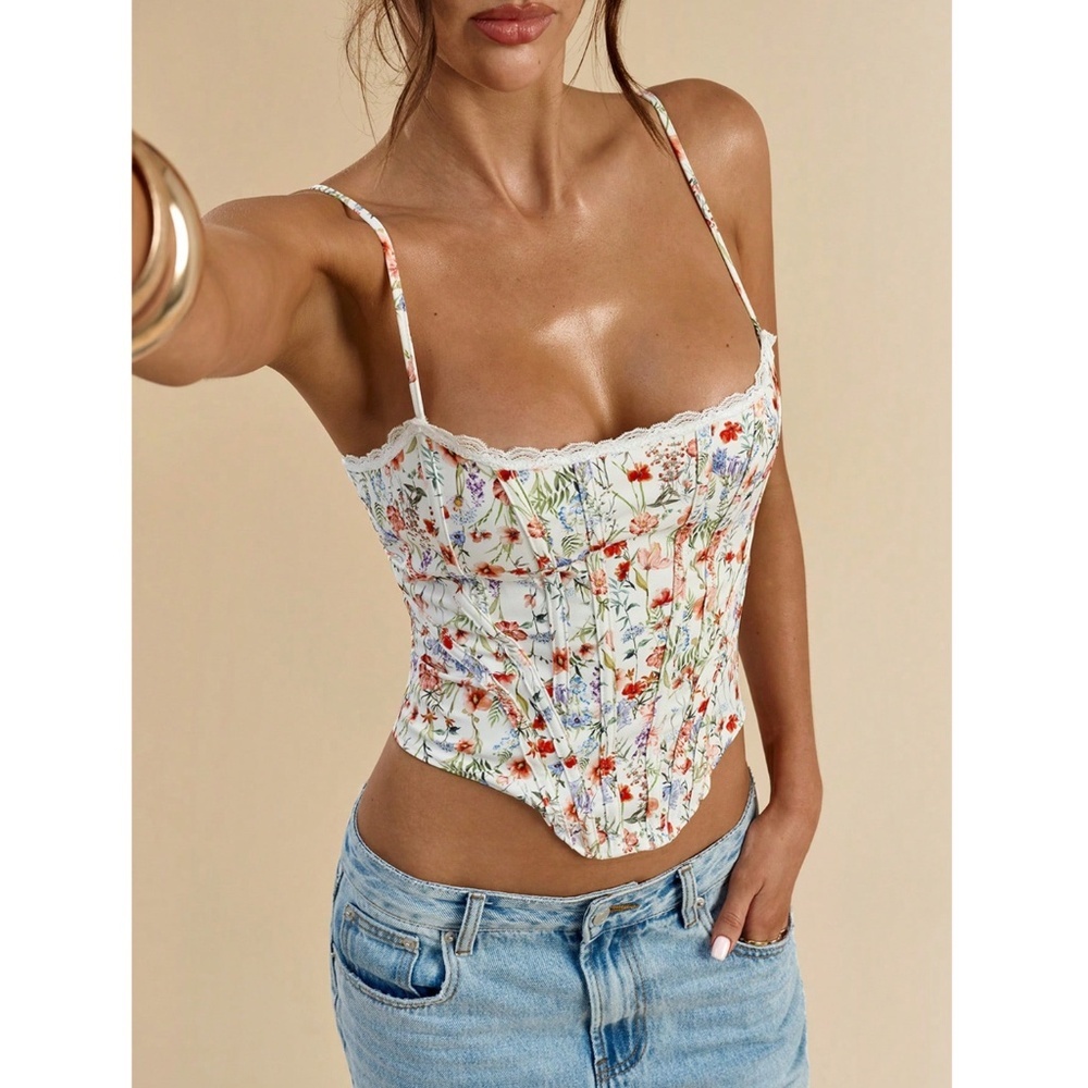 White Ditsy Floral Cami Top Corset Style Lace Up Back - Picture 8 of 9